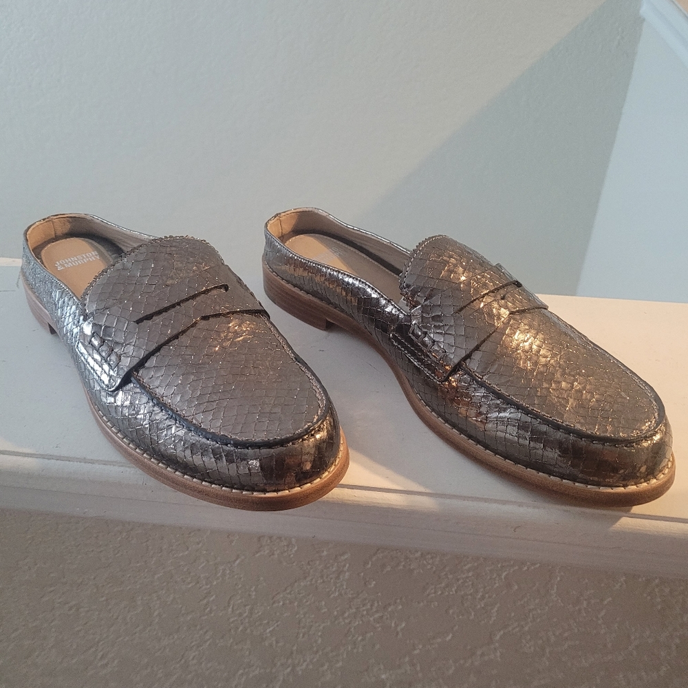 Johnston and Murphy gold loafer mules